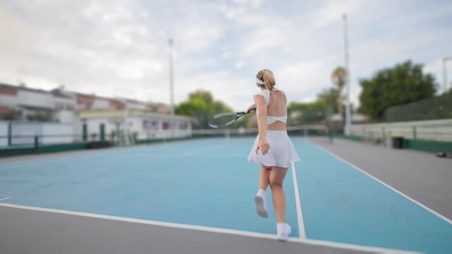 Professional female tennis player serving ball in slow motion