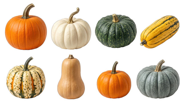Realistic autumn pumpkins and gourds clipart collection for thanksgiving isolated on transparent background.