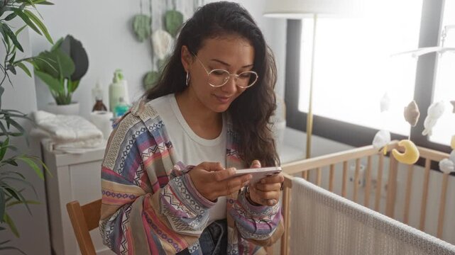 Woman holding phone by baby crib in nursery room inside a building, smiling and looking at screen; joy bonding.