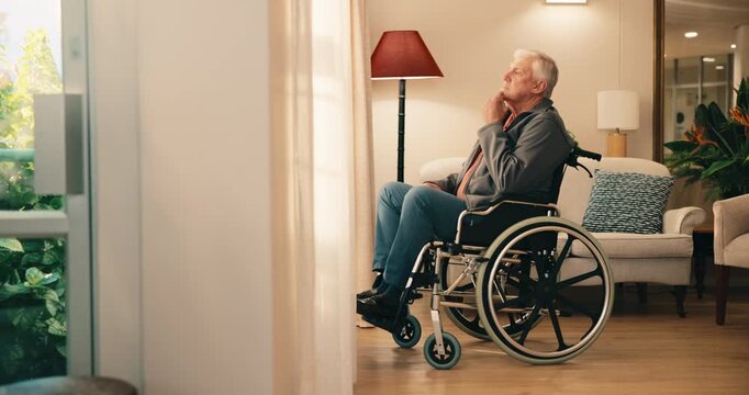 Thinking, window and senior man in wheelchair at house with nostalgia, memory or remember retirement. Reflection, perspective and elderly person with disability in living room for decision on pension