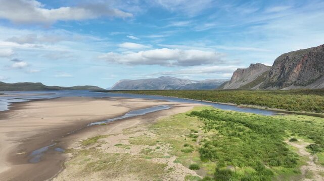 Aerial view of Tana Rver, Tanaelva, with large sand bank in northern Norway
