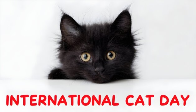 Cute fluffy black kitten peeking over a white edge with international cat day text isolated on white background