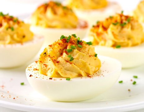 Classic Deviled Eggs Served on White Plate with Seasoning on Soft Cream Background, Delicious Homemade Appetizer, Party Snack and Gourmet Food Presentation Concept