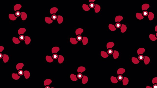 Seamless Animated Pattern of Rotating Red Three-Blade Propellers on Black Background