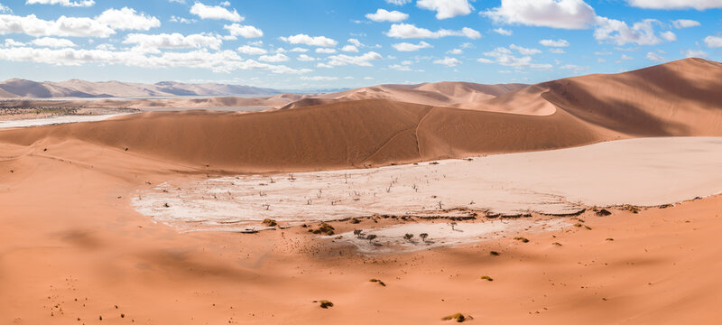 Aerial view of Deadvlei in Sossusvlei, Namibia, with white clay pan, apricot dunes, ebony camel thorn trees, and tiny hikers on ridges under bright daylight.