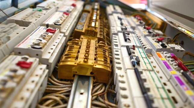 Close up of a complex electrical distribution board with copper busbars and circuit breakers
