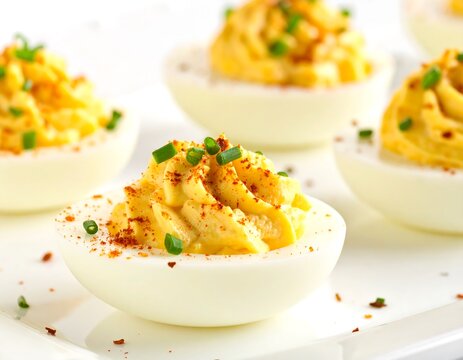 Classic Deviled Eggs Served on White Plate with Seasoning on Soft Cream Background, Delicious Homemade Appetizer, Party Snack and Gourmet Food Presentation Concept