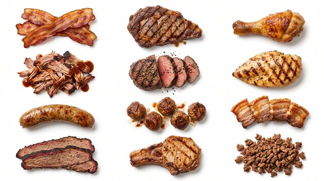 Collection of various cooked meat products isolated on a white background.