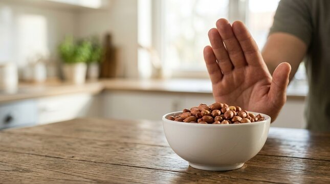 Person showing hand palm gesture to stop or refuse healthy bowl of roasted peanuts on wooden kitchen table representing nut allergy health care food awareness.