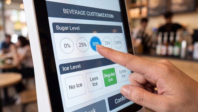 Person customizing beverage order on a digital self-service kiosk in a cafe