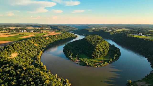 Aerial view of river meander surrounded by lush green forest