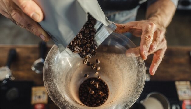 Top-down view of a barista pouring fresh dark roasted coffee beans from a foil bag into a clear electric grinder hopper, capturing the falling beans in motion.