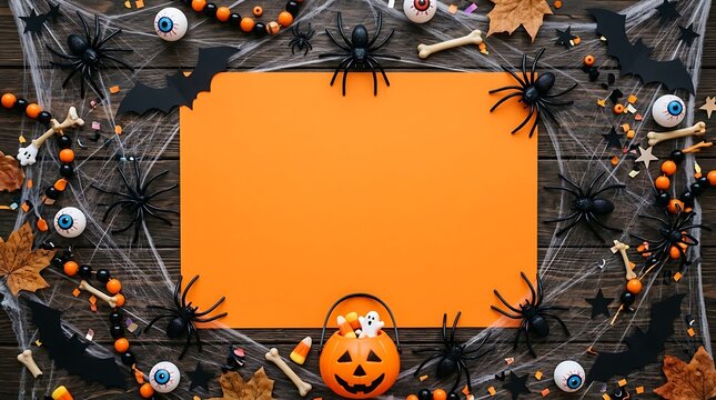 A festive halloween background featuring a central orange copy space surrounded by spooky spiders eyeballs bones and a carved pumpkin lantern decoration