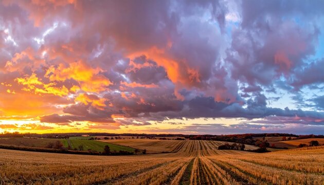 Dramatic sunset clouds over rolling rural landscape.