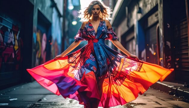 Dramatic woman posing in wide colorful dress outdoors.