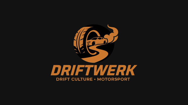 Driftwerk Drift Culture Motorsport Vector Logo Design with Drifting Car Tire and Smoke on Dark Background