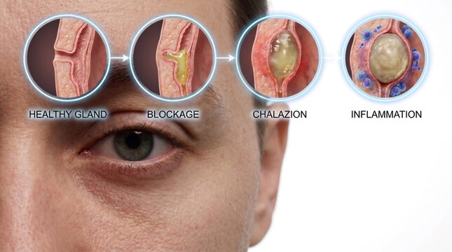 Eye inflammation and blocked glands, medical illustration showing keratinization chalazion and inflammatory eye condition