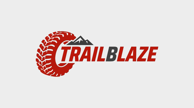 Trailblaze Off-road Automotive Logo with Rugged Red Tire and Mountain Peaks Vector Illustration