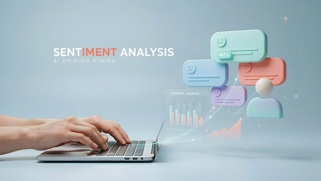 Sentiment Analysis Dashboard On Laptop With AI Feedback Insights And User Reaction Visualization