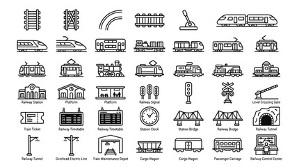 Railway transport line icon set featuring trains tracks stations and signal systems icons. © Tah
