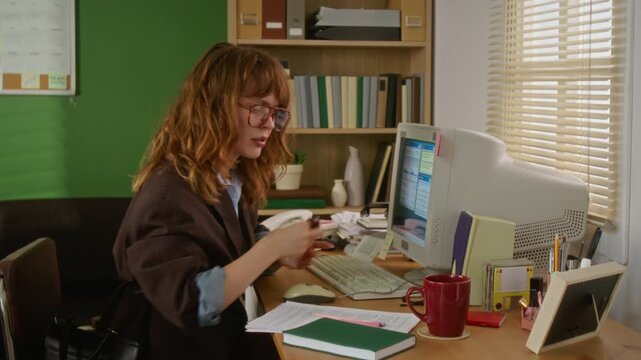 Young adult Caucasian woman working at retro office desk, writing notes, and sticking sticky notes on CRT monitor. Perfect for 90s nostalgia or business history ads
