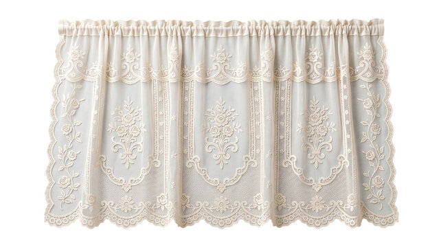 Vintage cream lace window curtain valance with floral roses on a transparent background