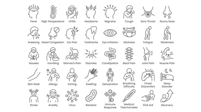Common symptoms and illnesses line icons, health and medical linear pictograms.