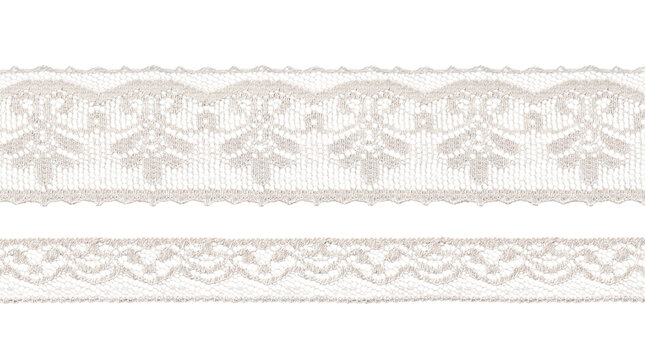 Two cream floral crochet lace trim ribbons on a transparent background
