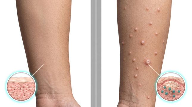 Molluscum Contagiosum Viral Skin Infection Umbilicated Papules Poxvirus Disease, Medical illustration showing progressive viral skin lesions with characteristic dome shaped papules