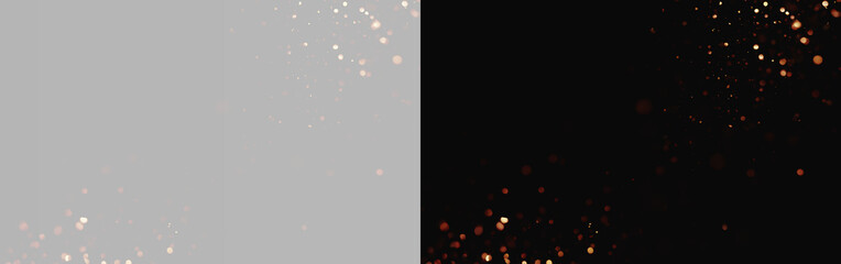 Obraz premium Golden Bokeh Dust Particles Corner Frame Overlay Effect Isolated on Grey and Black Backgrounds