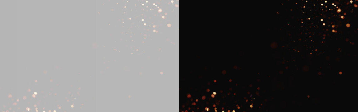 Golden Bokeh Dust Particles Corner Frame Overlay Effect Isolated on Grey and Black Backgrounds