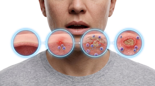 Cold sore and oral herpes infection, medical illustration showing stages of herpes simplex virus lesions and painful mouth blisters