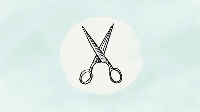 Hand drawn scissors icon cutting motion on soft blue background, ordinary animation, seamless loop