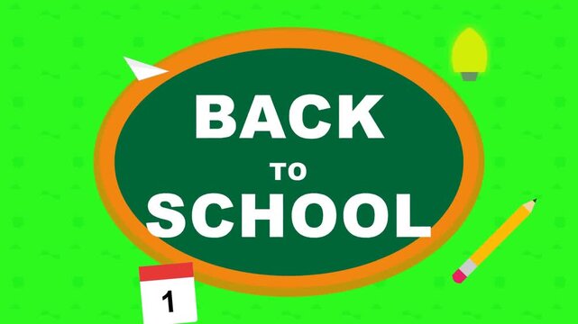 Animated back to school title inside dark green oval with orange border on bright green patterned background