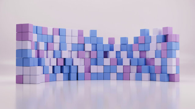 Curved wall composed of pastel blue and purple geometric cubes on reflective surface background with arranged staggered pattern structure built