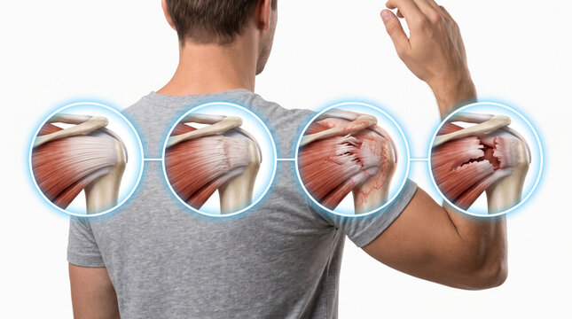 Shoulder injury and rotator cuff damage progression, medical illustration showing healthy tendon inflammation tendon tear and severe shoulder injury
