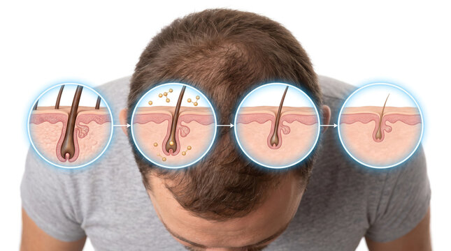 Male pattern baldness and hair loss progression, medical illustration showing healthy hair follicles thinning hair miniaturization and advanced baldness