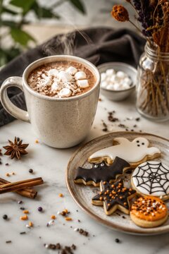 Cozy Halloween hot chocolate with marshmallows and festive decorated cookies on warm autumn table