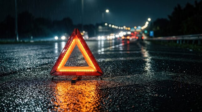 A glowing red warning triangle reflects on a wet asphalt road at night during a vehicle breakdown