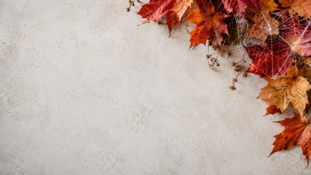 Halloween autumn background with colorful maple leaves and delicate spiderweb on a light stone surface