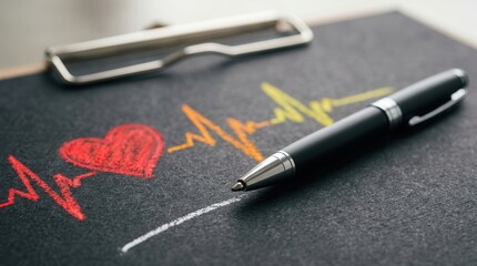 Fototapeta premium Hand drawn heart and heartbeat pulse on black paper representing health and safety audit.