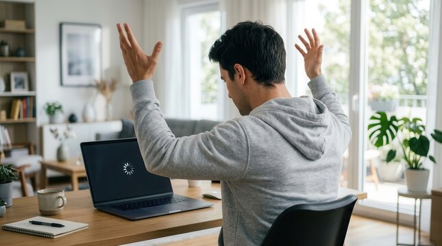 A man showing technology problem and inefficiency while looking at a loading computer.