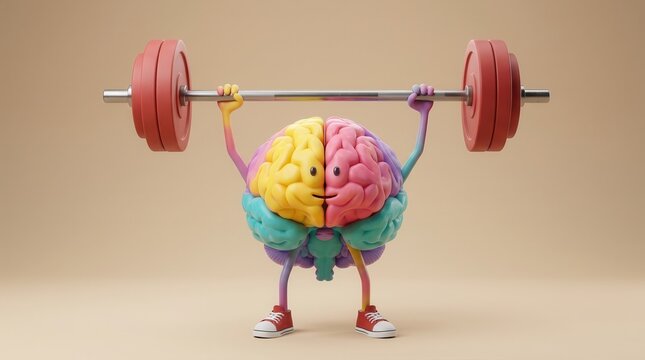 A strong brain character performing weightlifting to symbolize brain training and mental wellness.