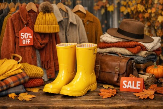 Autumn fashion sale display featuring yellow rain boots cozy clothing and seasonal shopping promotion