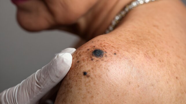 Medical 3D visualization of melanoma skin cancer, malignant tumor developing from melanocytes, abnormal pigment cell growth on human epidermis, educational biomedical render illustrating skin malignan