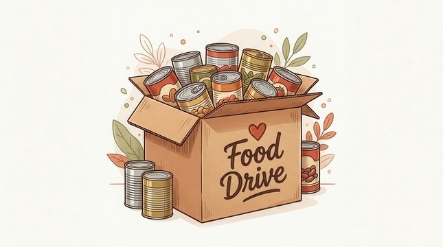 A food drive donation box containing various canned food items for community support.