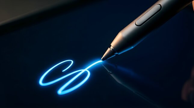 Glowing blue digital signature being drawn on a screen with a stylus