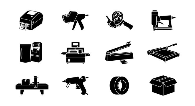 Packing and Shipping Equipment Icons Set: Label Printer, Stapler, Cutter, Hot Glue Gun, Tape
