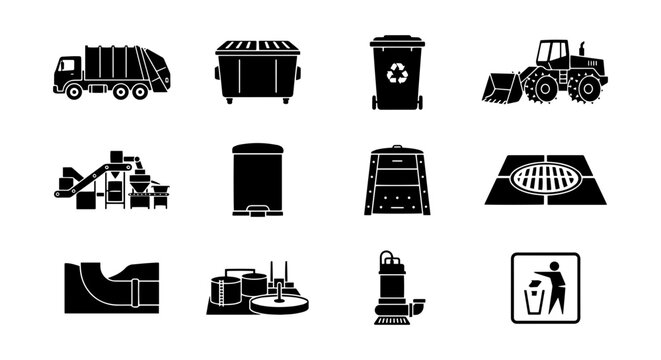 Waste Management Icons: Garbage Truck, Skip Bin, Recycling, Loader, Factory, Pump, Sign