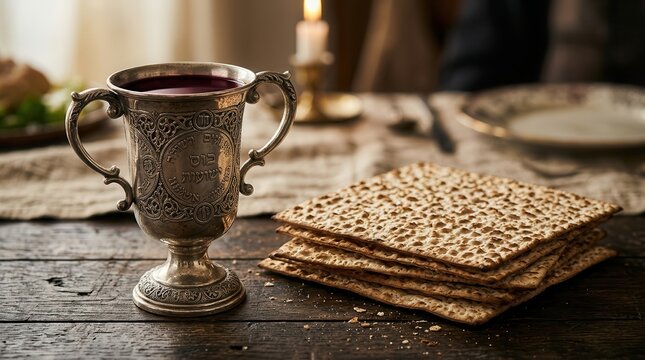 Ornate silver kiddush cup filled with wine next to stack of matzah bread on wood.